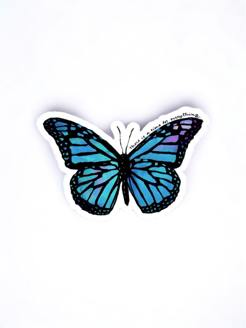 May include: A blue butterfly sticker with the text "There is a time for everything" printed on it.
