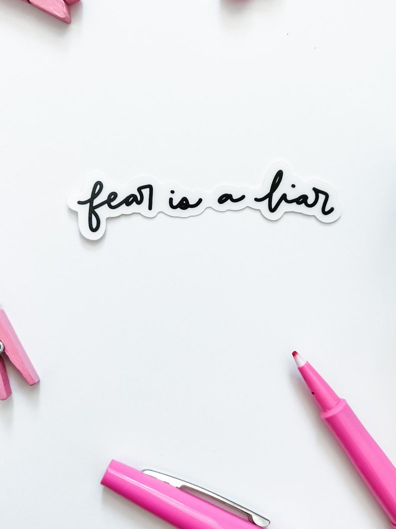May include: A white sticker with the text "fear is a liar" written in black cursive script. The sticker is on a white background with pink clothespins and pink markers.