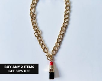 Lipstick Necklace, Statement Necklace, Red Lipstick Necklace, Make up Lover Necklace, Fashion Necklace, Gift for her, Gift for Girlfriend