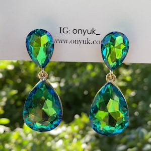 Green Glass Crystal Drop Clip On Earrings, 2'' Statement Earrings