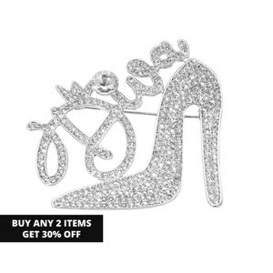 Crystal Lipstick High Heel DIVA Brooch, Silver Statement Sparkly Bling Accessory