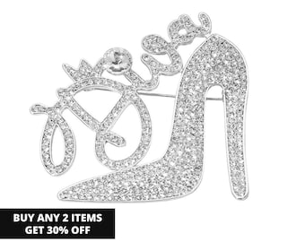 Brosche in Form eines Lippenstifts aus Kristall-High-Heel-Design, silbernes Statement-Accessoire mit funkelndem Glitzer