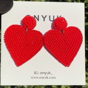 Red Heart Earrings, Valentine&#39;s Day Earrings, Handmade Love Earrings, Seed Bead Earrings, Statement Earrings, Gift for Girlfriend