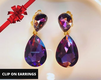 Purple Crystal Clip On Earrings, Teardrop Clip On Earrings, Crystal Drop Earrings, Colorful Earrings, Statement Earrings, Minimal Earrings