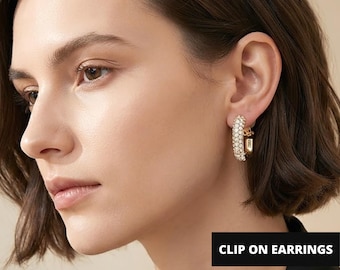 Rhinestone Pave Square Hoop Gold Clip On Earrings, Non Pierced Earrings for Women