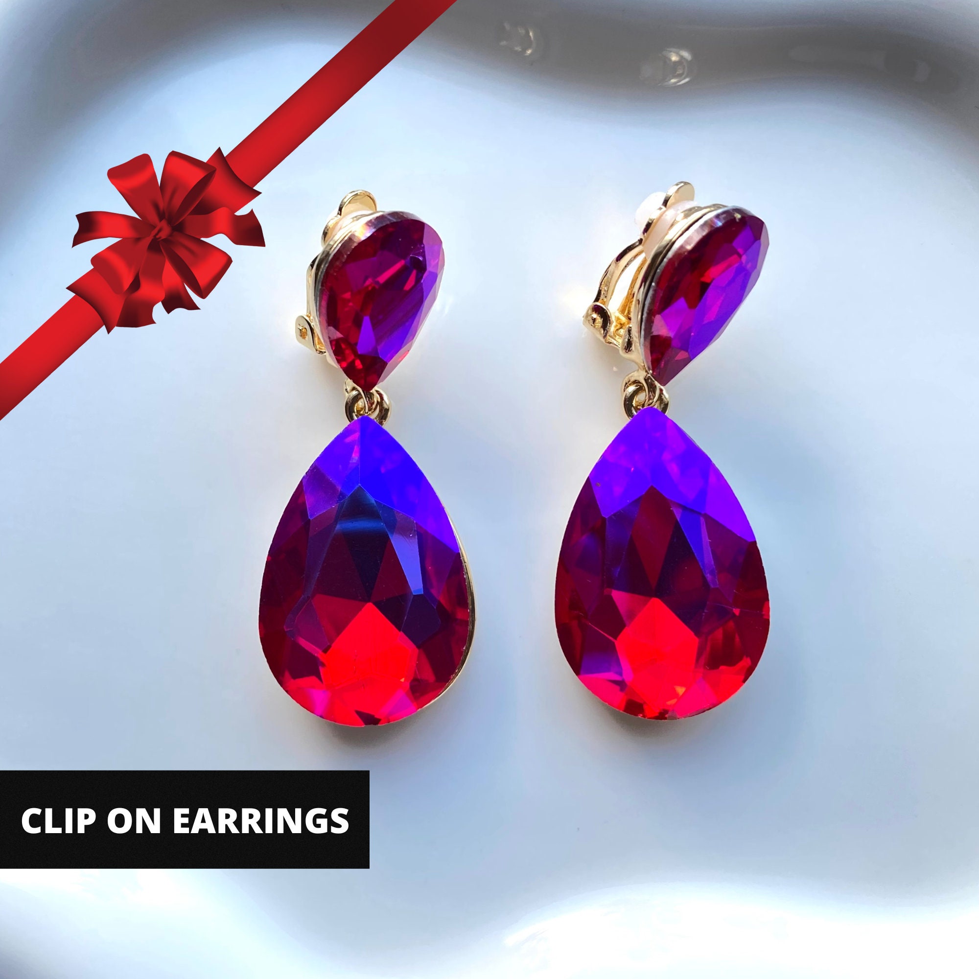 Fuchsia Clip On Earrings, Crystal Drop Earrings, Clip Earrings, Statement Earrings, Minimal Earrings, Gift for her, Gift for Mom