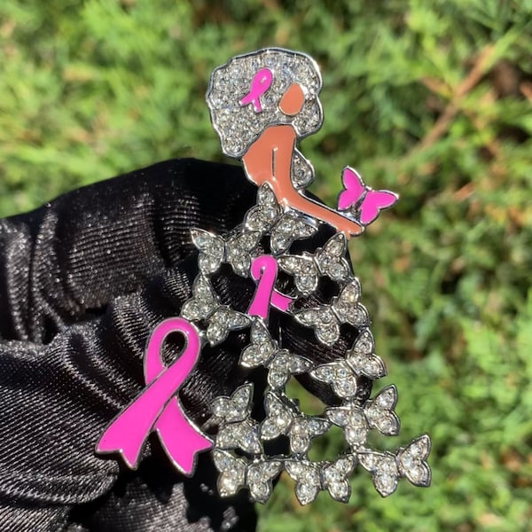 Pink Ribbon Brooch, Lady Brooch, Breast Cancer Brooch, Awareness Brooch, Pink Ribbon Pin, Gift for Breast Cancer Survivor, Butterfly Pin