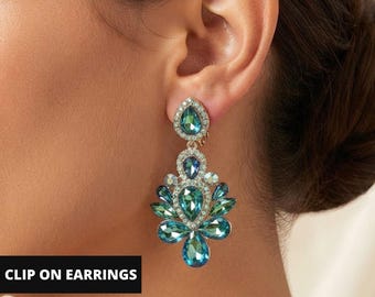 Olive Green Teardrop Crystal Chandelier Evening Clip On Earrings for Women