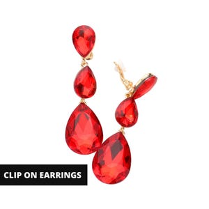 Red Teardrop Clip On Earrings, Long Drop Clip On Earrings, Statement Earrings, Crystal Clip On Earrings, Gift for her