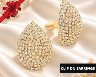 Crystal Rhinestone Teardrop Dome Gold Clip On Earrings, Sparkly Non Pierced Earrings