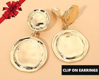 Gold Sculpted Double Disc Drop Statement Clip On Earrings, Non Pierced Statement Earrings