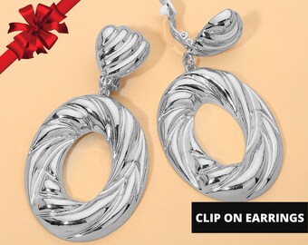 Bold Sculptural Swirl Hop Drop Statement Silver Clip On Earrings, Elegant Non Pierced Earrings