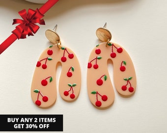 Cherry Earrings, Cherry Drop Earrings, Fruit Earrings, Summer Earrings, Handmade Acrylic Earrings, Cute Trendy Earrings, Colorful Earrings