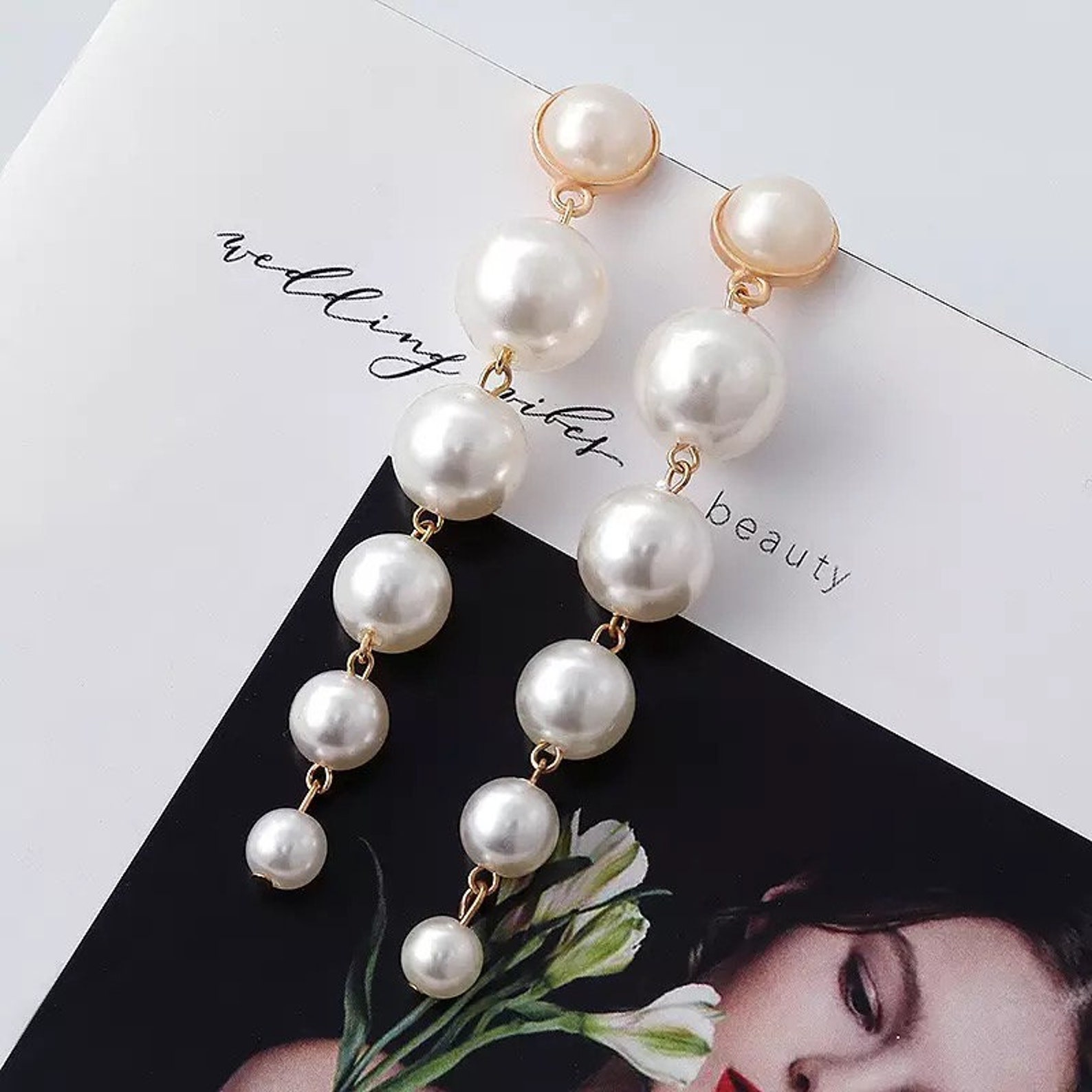 Pearl drop earrings Pearl string earring Statement earrings Etsy