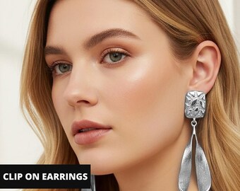 Bold Textured Metal Sculptural Open Teardrop Silver Statement Clip On Earrings, Elegant Non Pierced Earrings