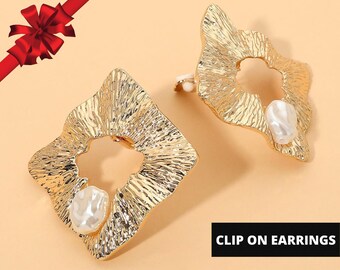 Pearl Accent Sculptural Open Center Clip On Earrings, Elegant Non Pierced Earrings