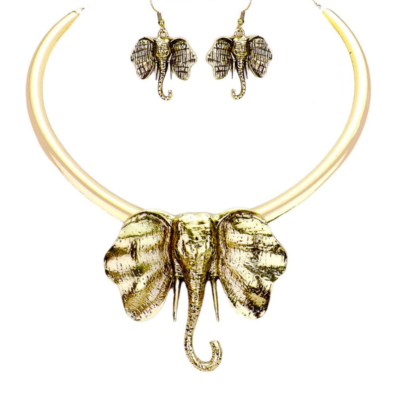 Gold Elephant Necklace and Earrings Set Elephant Jewelry Set Etsy