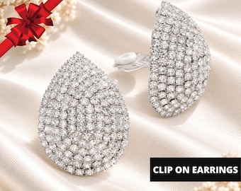 Crystal Rhinestone Teardrop Dome Clip On Earrings, Sparkly Non Pierced Earrings
