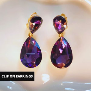 Purple Crystal Clip On Earrings, Teardrop Clip On Earrings, Crystal Drop Earrings, Colorful Earrings, Statement Earrings, Minimal Earrings