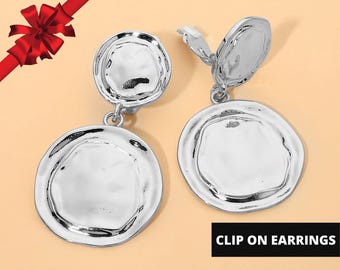 Silver Sculpted Double Disc Drop Statement Clip On Earrings, Non Pierced Statement Earrings