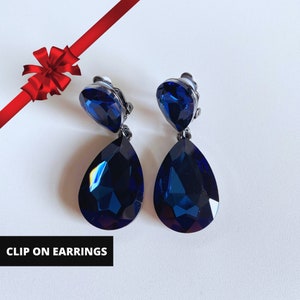 May include: A pair of clip-on earrings with teardrop-shaped blue crystals. The earrings have a silver tone finish.