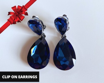 Blaue Ohrclips, Kristallohrringe, Ohrclips, Statement Ohrringe, Minimale Ohrringe, Weihnachtsgeschenk für sie, Bestseller