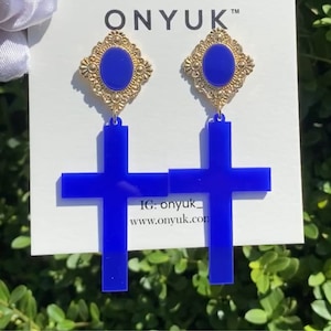 Cross Earrings, Blue Cross Earrings, Religious Earrings, Church Visit Earrings, Handmade Christian Earrings, Religious Jewelry, Gift for her