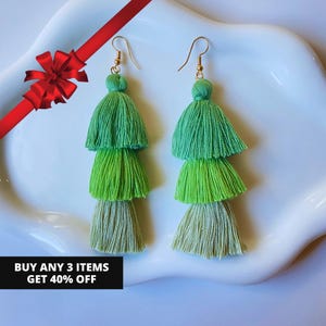 Tassel Earrings, Boho Tassel Earrings, Green Tassel, Statement Earrings, Long Tassel Earrings, Gift for Girlfriend, Gift for Wife