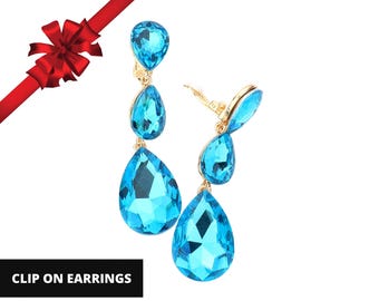 Blaue Ohrclips, Lange Tropfen Ohrclips, Statement Ohrringe, Kristall Ohrclips, Tropfen Ohrringe, Geschenk für sie