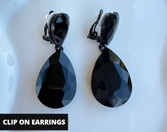 Black Crystal Clip On Earrings, Teardrop Clip On Earrings, Crystal Drop Earrings, Best Seller, Statement Earrings, Minimal Earrings