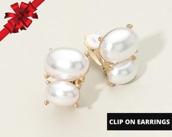 Pearl Clip On Earrings for Women, Double Oval Clip On Earrings, Gift for her, Non Pierced Earrings for Women