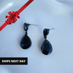 May include: A pair of black teardrop-shaped dangle earrings with black crystal accents.