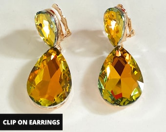 Yellow Gold Teardrop Glass Crystal Clip On Earrings for Women, Non Pierced Earrings, Lt Col Topaz, 2'' Lightweight Statement Clip On