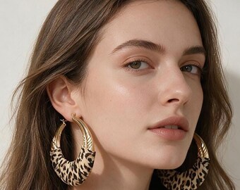 Leopard Big Gold Bamboo Hoop Earrings, Bold Leopard Print Fabric Wrapped Oversized Pin Catch Hoop Earrings