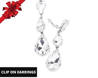 Silber Teardrop Ohrclips, Glaskristall Ohrclips, Geschenk für sie, lange Statement Schmuck (3 '' x 0,75 '')