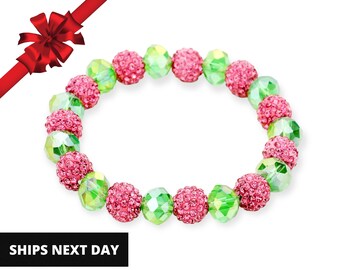 Pulseira rosa e verde com strass, presente para fraternidade