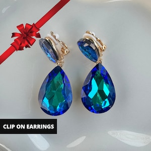 Blue Clip On Earrings, Crystal Drop Earrings, Clip Earrings, Statement Earrings, Minimal Earrings, Gift for her, Best Seller