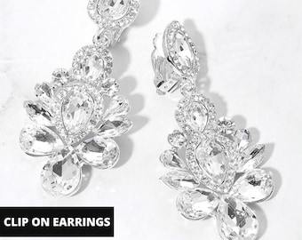 Silver Teardrop Crystal Chandelier Evening Clip On Earrings for Women, Non Pierced Earrings for Women