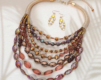 Bold Layered Multistrand Perlen Statement Halskette und Ohrringe, Geschenk für sie