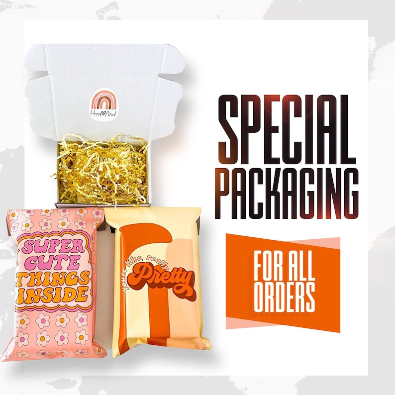 May include: An open white box with gold filler, a sticker with a rainbow, and two colorful packages. One package is pink with the text "SUPER CUTE THINGS INSIDE". The other package is orange and cream with the word "Pretty". The words "SPECIAL PACKAGING FOR ALL ORDERS" are also visible.