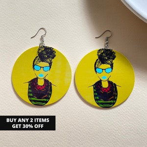 African Earrings, Sunglasses Earrings, Afro Earrings, Black Woman Earrings, Fun Earrings, Ethnic Earrings, Wood Earrings, Gift for her
