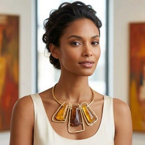 Bold Geometric Handmade Choker Necklace, Triple Stone Collar Necklace, Gift for her, Artistic Design Statement Necklace