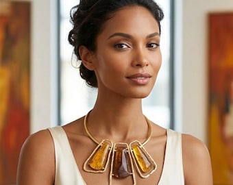 Bold Geometric Handmade Choker Necklace, Triple Stone Collar Necklace, Gift for her, Artistic Design Statement Necklace