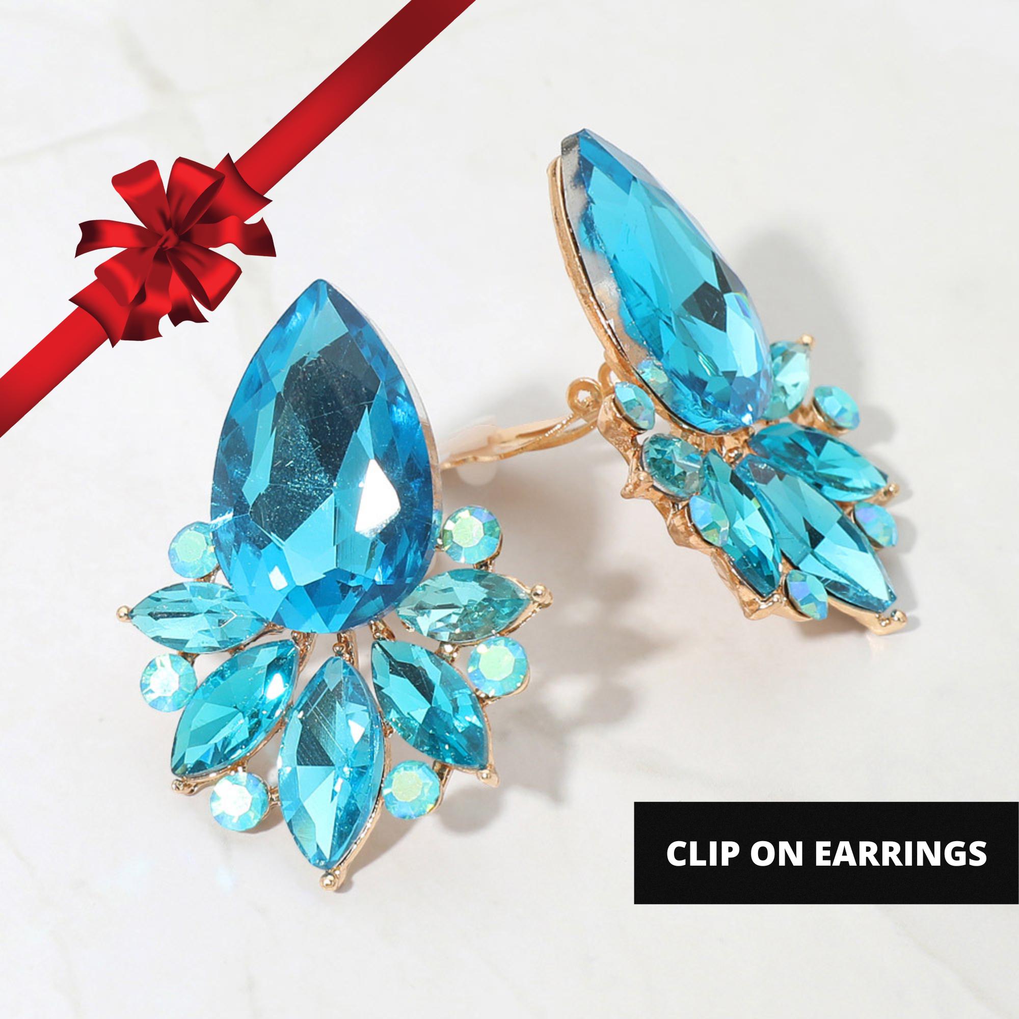 Sky Blue Teardrop Crystal Clip On Earrings, Marquise Stone Embellished Evening Jewelry