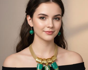 Handgemachte Bold Geometric Harz Charme Akzent Mesh Grün Kette Halskette und Ohrringe Set, Geschenk für sie, Künstlerische Design Statement Halskette