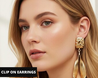 Bold Textured Metal Sculptural Open Teardrop Gold Statement Clip On Earrings, Elegant Non Pierced Earrings