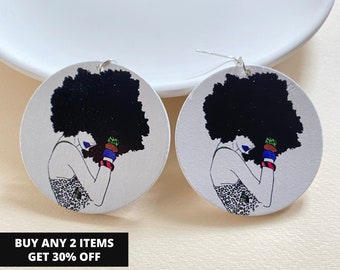 African Earrings, Afro Earrings, Black Woman Earrings, Fun Earrings, Ethnic Earrings, Wood Earrings, Gift for her, Gift for Girlfriend