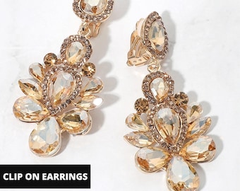 Gold Teardrop Crystal Chandelier Evening Clip On Earrings for Women, Non Pierced Earrings for Women