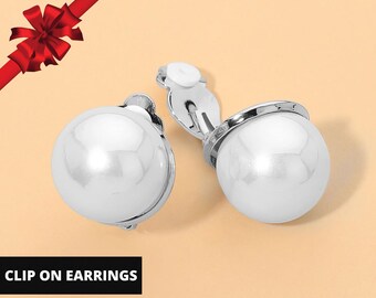Bold Classic Pearl Silver Clip On Earrings, Elegant Non Pierced Earrings