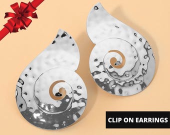 Hammered Metal Spiral Statement Clip On Earrings, Elegant Non Pierced Earrings
